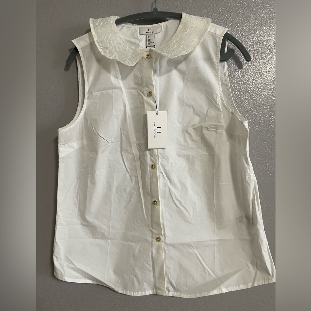 NWT HALSTON SLEEVELESS BUTTON DOWN WHITE SHIRT SIZE M lace collar